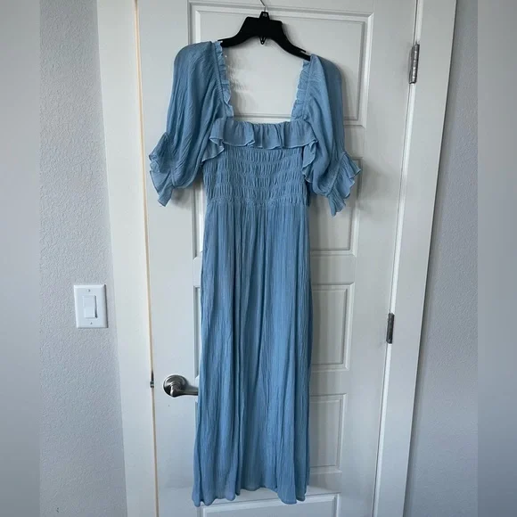 knee length dresses for ladies UMGEE Sky Blue Smocked Waist Midi Dress  Beach Rose Co